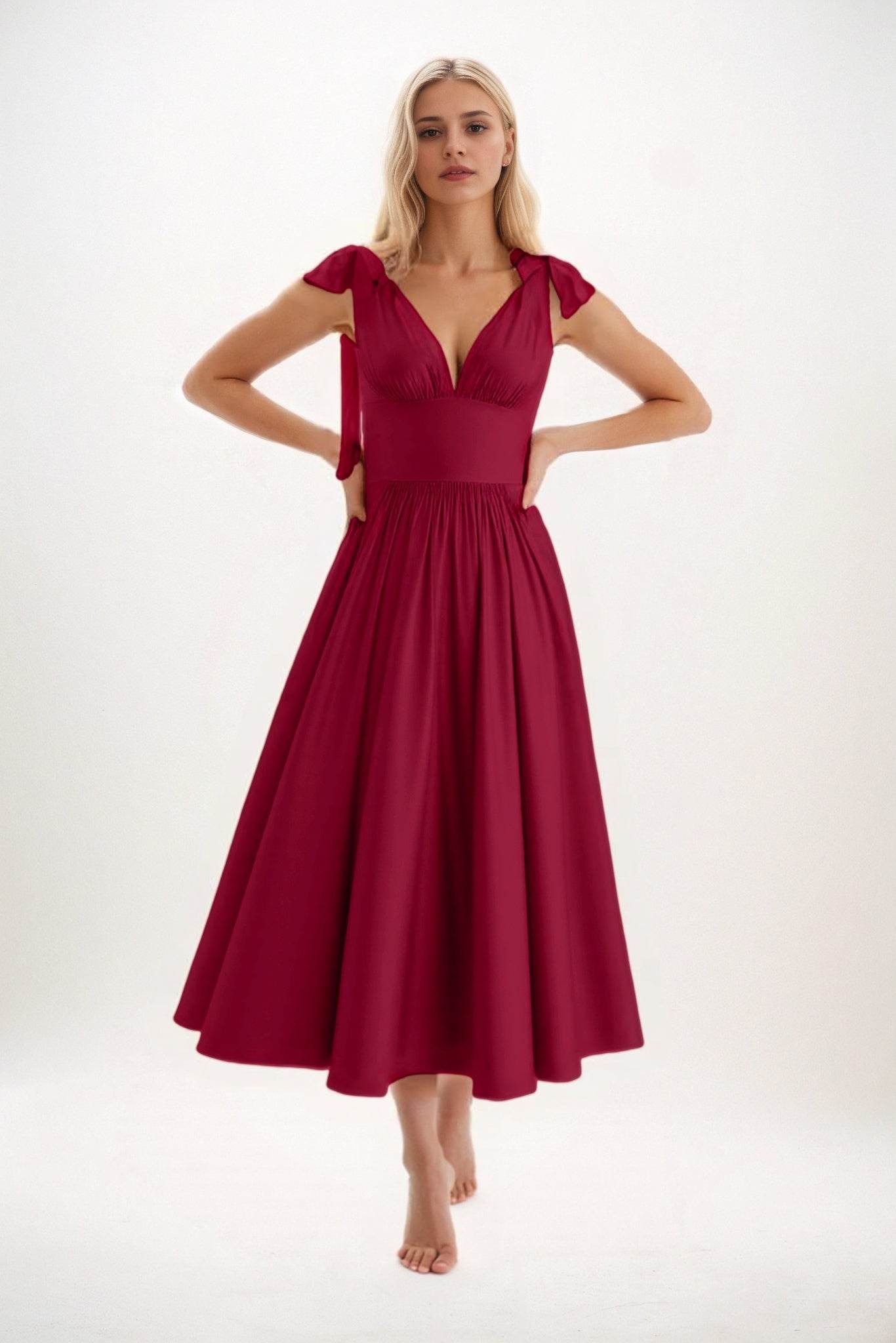 A-Line Midi Luxe Satin Bridesmaid Dress CB0832 - COCOMELODY